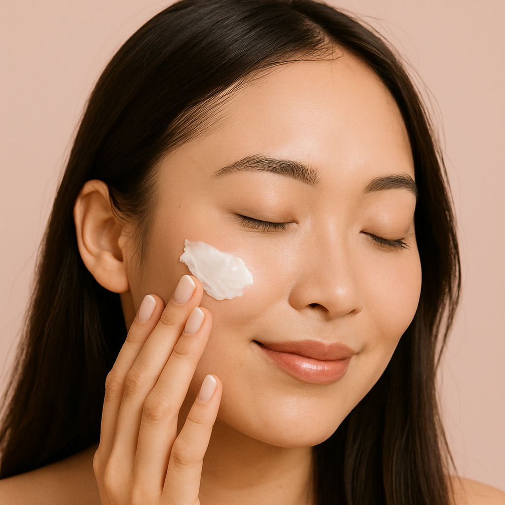 Woman applying cream to her face against a beige background